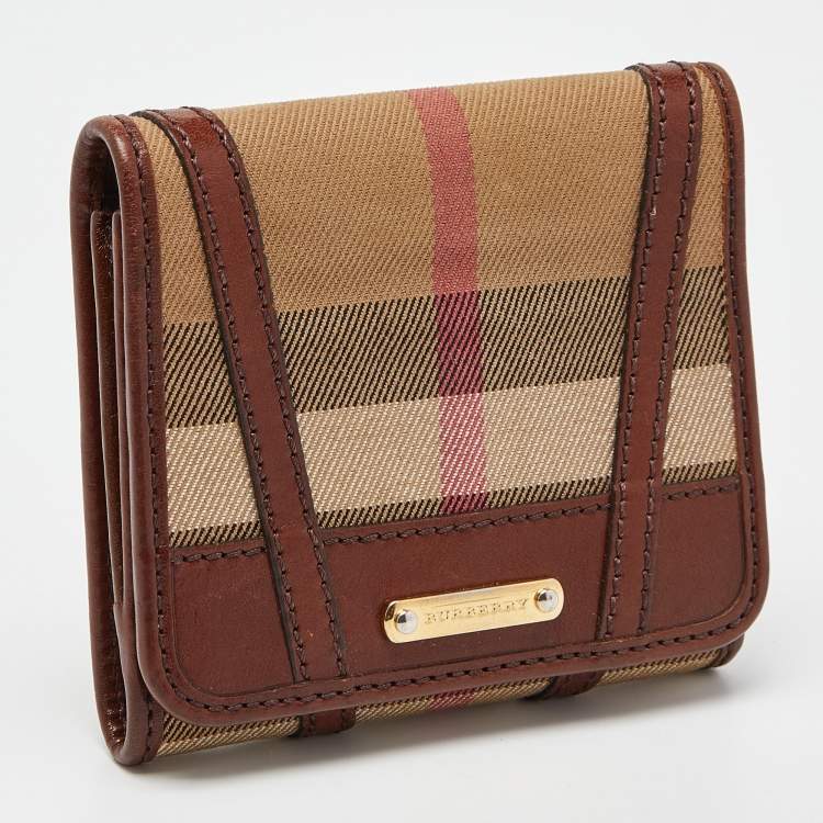 Pre Owned Burberry Brown Bridle House Check Fabric and Leather Leighton Trifold Compact Wallet