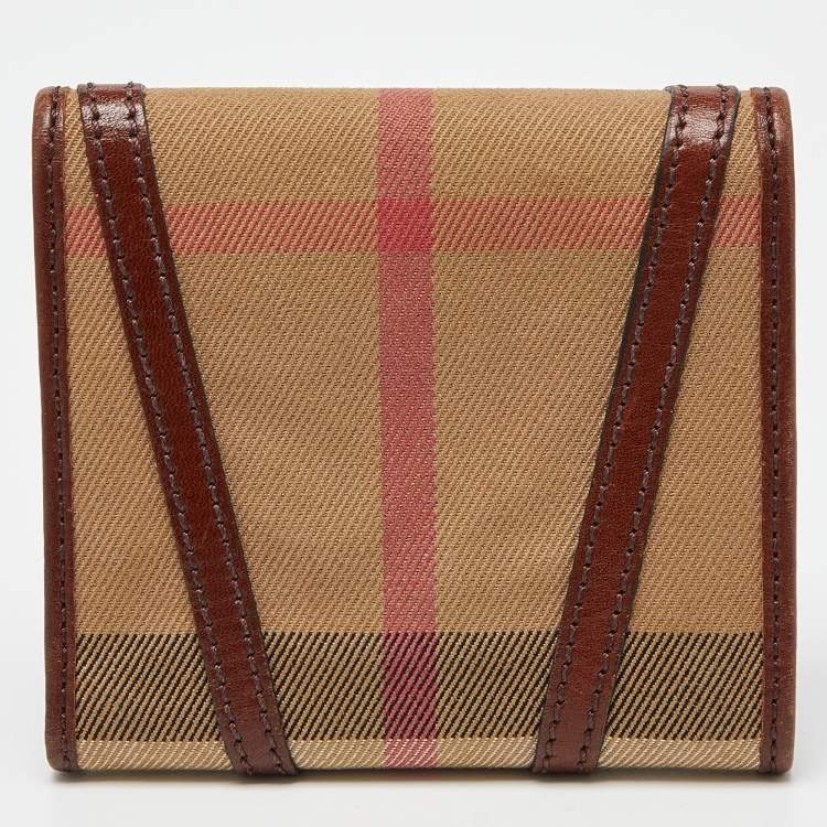Pre Owned Burberry Brown Bridle House Check Fabric and Leather Leighton Trifold Compact Wallet