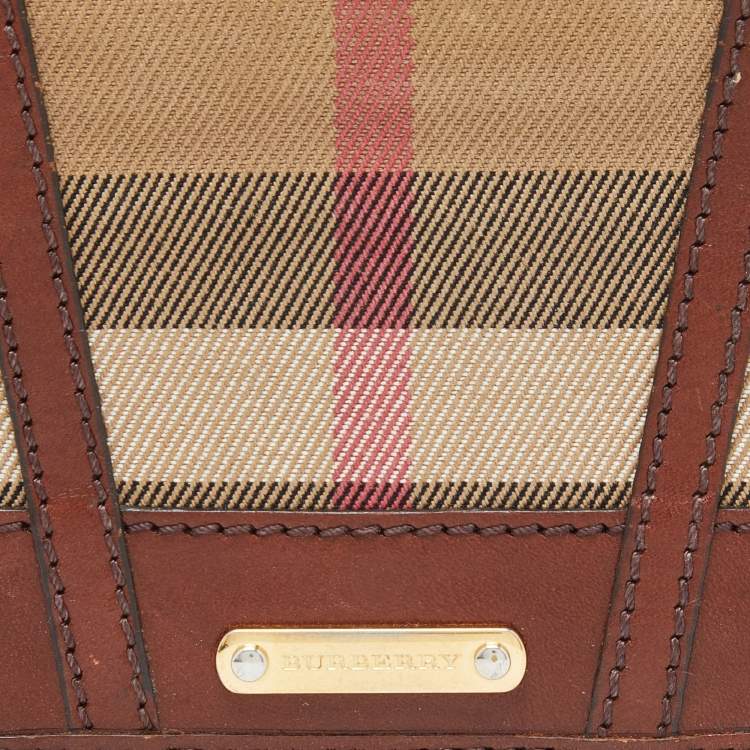 Pre Owned Burberry Brown Bridle House Check Fabric and Leather Leighton Trifold Compact Wallet