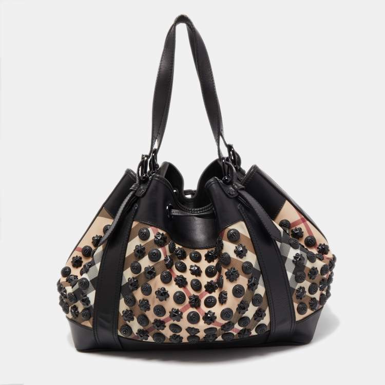 Pre Owned Burberry Black/Beige Supernova Vinyl and Leather Large Warrior Hobo