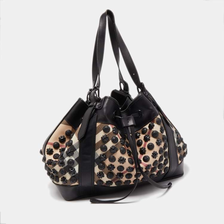 Pre Owned Burberry Black/Beige Supernova Vinyl and Leather Large Warrior Hobo
