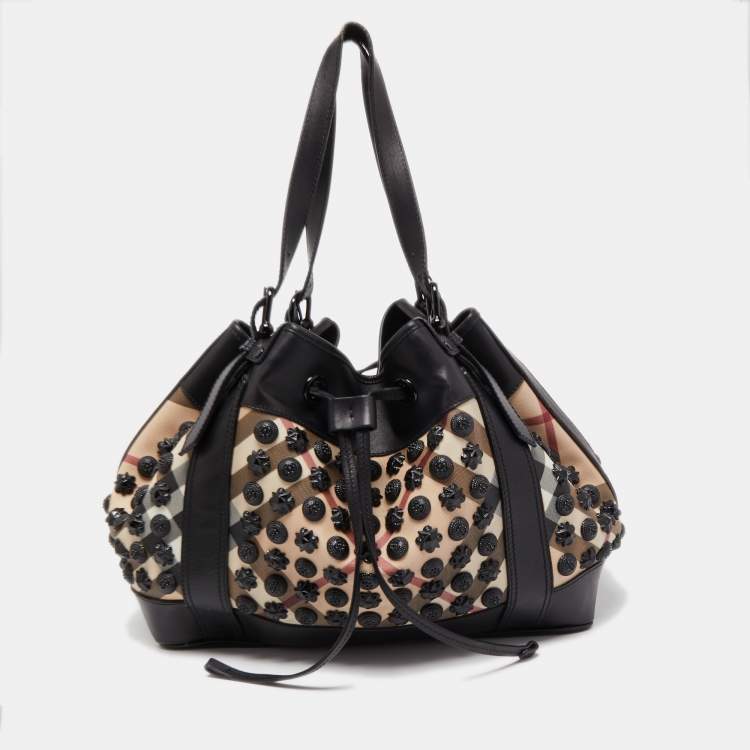 Pre Owned Burberry Black/Beige Supernova Vinyl and Leather Large Warrior Hobo