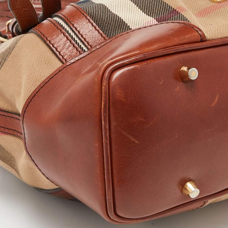 Pre Owned Burberry Brown House Check Canvas and Leather Bridle Whipstitch Tote