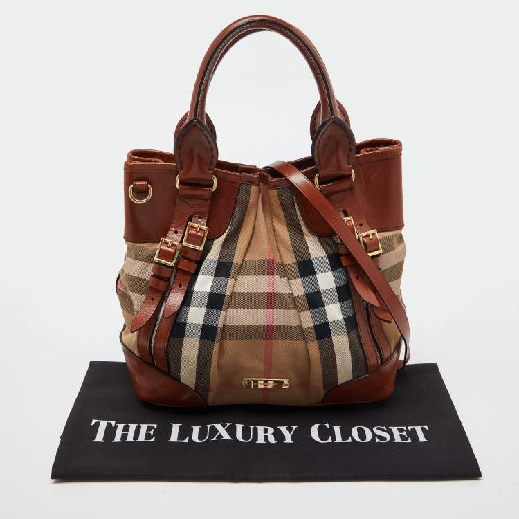 Pre Owned Burberry Brown House Check Canvas and Leather Bridle Whipstitch Tote