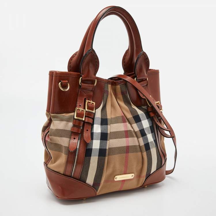 Pre Owned Burberry Brown House Check Canvas and Leather Bridle Whipstitch Tote