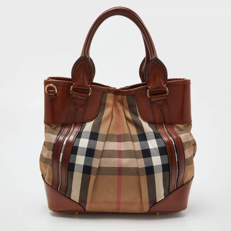 Pre Owned Burberry Brown House Check Canvas and Leather Bridle Whipstitch Tote