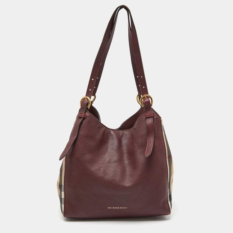 Burberry Burgundy/Beige Leather and House Check Fabric Small Banner Tote