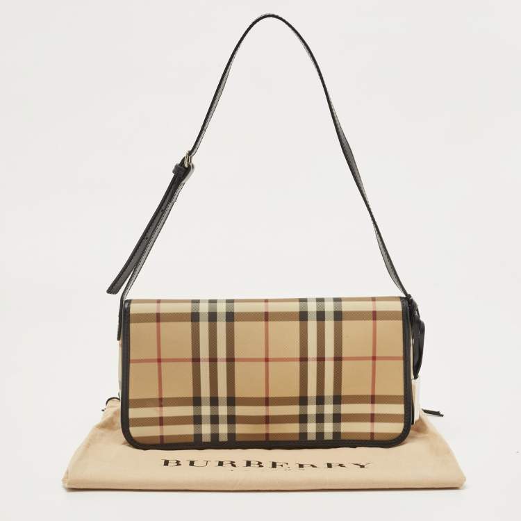 Pre Owned Burberry Black/Beige House Check PVC Flap Shoulder Bag