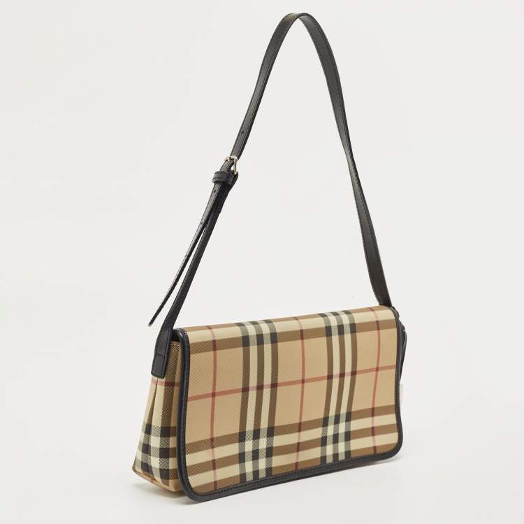 Pre Owned Burberry Black/Beige House Check PVC Flap Shoulder Bag