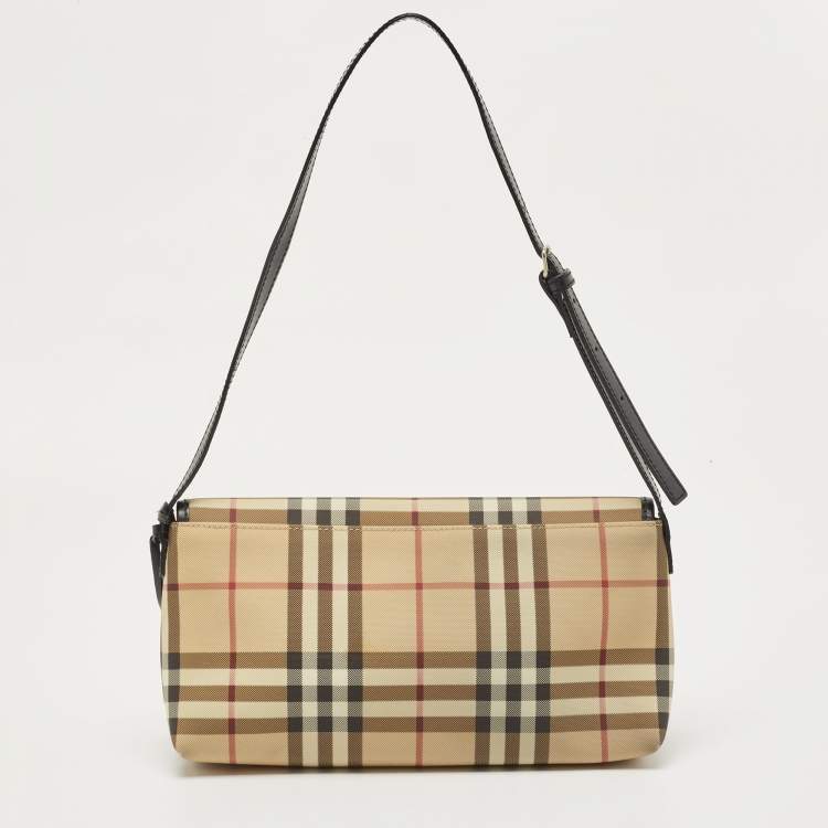 Pre Owned Burberry Black/Beige House Check PVC Flap Shoulder Bag