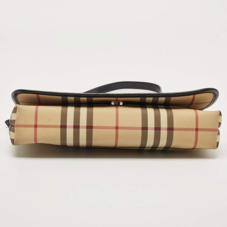 Pre Owned Burberry Black/Beige House Check PVC Flap Shoulder Bag