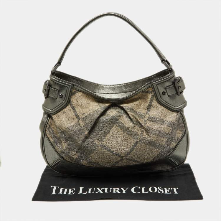 Pre Owned Burberry Metallic Grey Beat Check Canvas and Leather Hobo