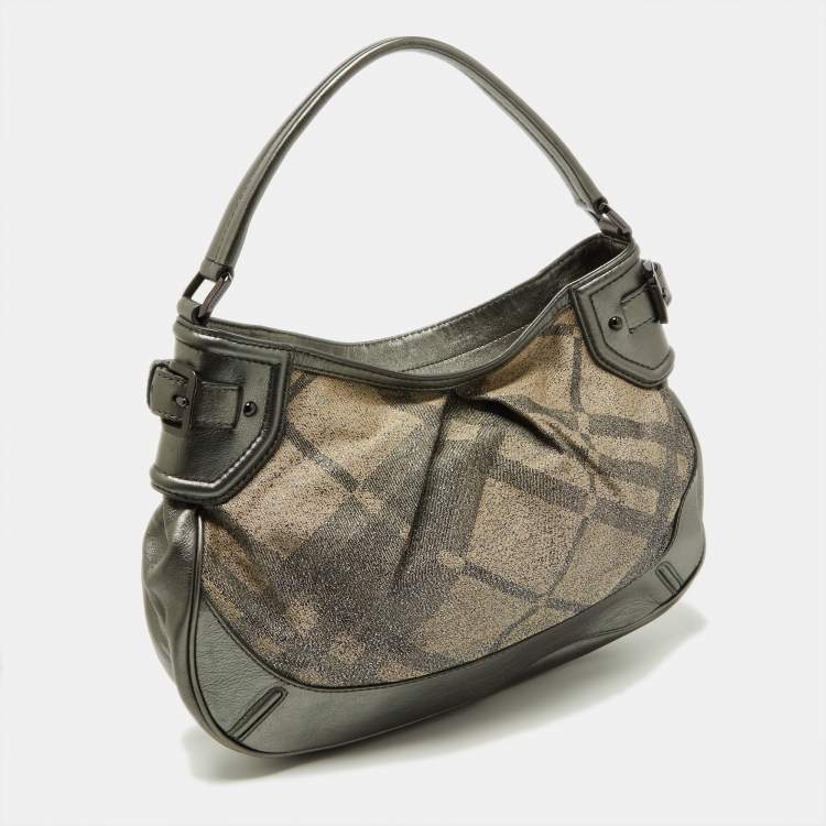 Pre Owned Burberry Metallic Grey Beat Check Canvas and Leather Hobo