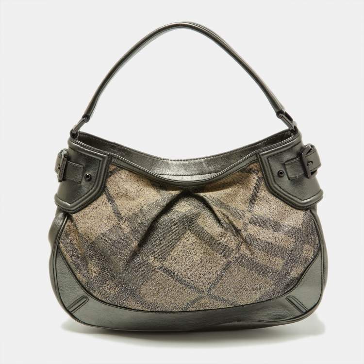 Pre Owned Burberry Metallic Grey Beat Check Canvas and Leather Hobo