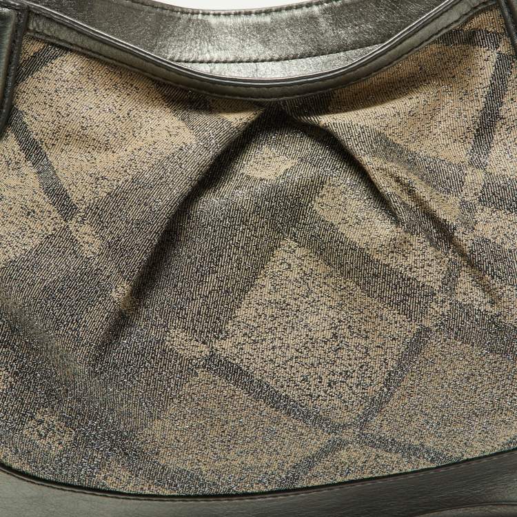 Pre Owned Burberry Metallic Grey Beat Check Canvas and Leather Hobo