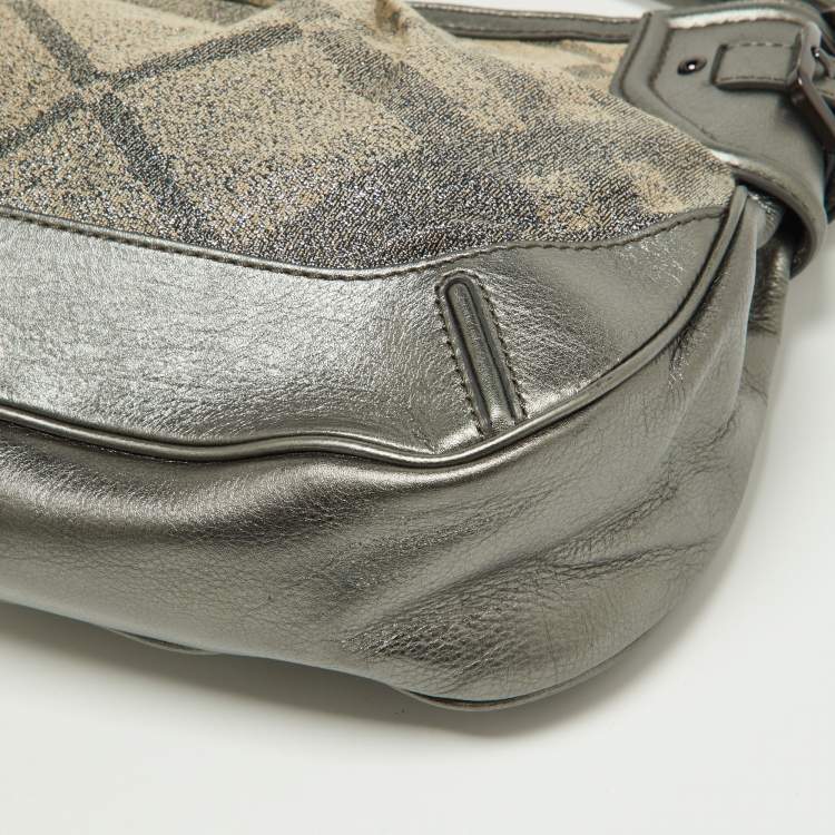 Pre Owned Burberry Metallic Grey Beat Check Canvas and Leather Hobo