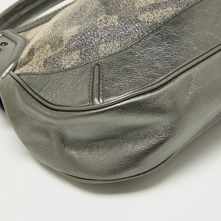 Pre Owned Burberry Metallic Grey Beat Check Canvas and Leather Hobo