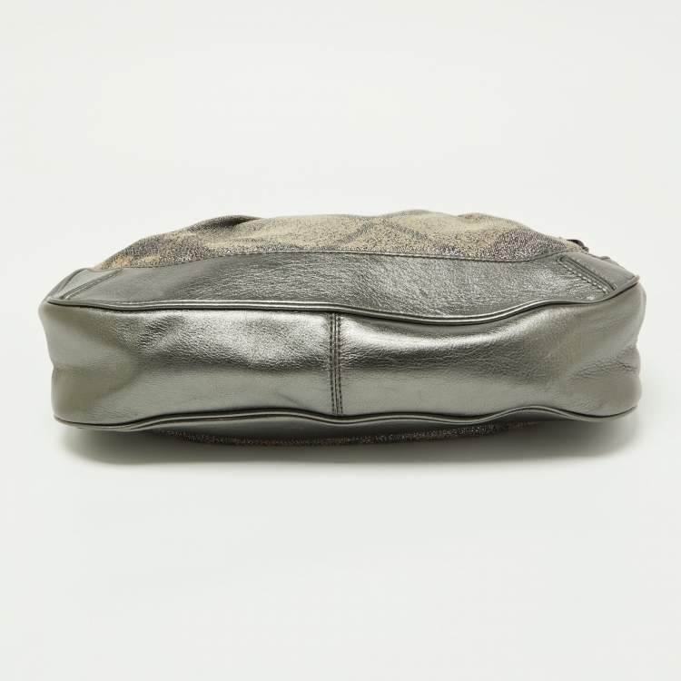 Pre Owned Burberry Metallic Grey Beat Check Canvas and Leather Hobo