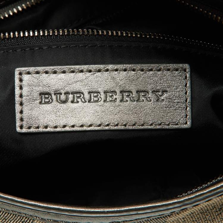 Pre Owned Burberry Metallic Grey Beat Check Canvas and Leather Hobo