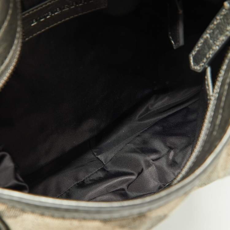 Pre Owned Burberry Metallic Grey Beat Check Canvas and Leather Hobo
