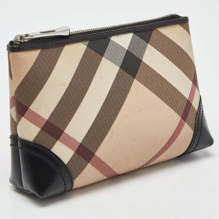 Pre Owned Burberry Beige/Black Nova Check Coated Canvas and Patent Leather Pouch