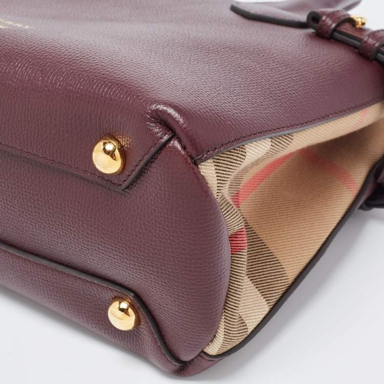 Pre Owned Burberry Burgundy/Beige Leather and House Check Fabric Small Banner Tote