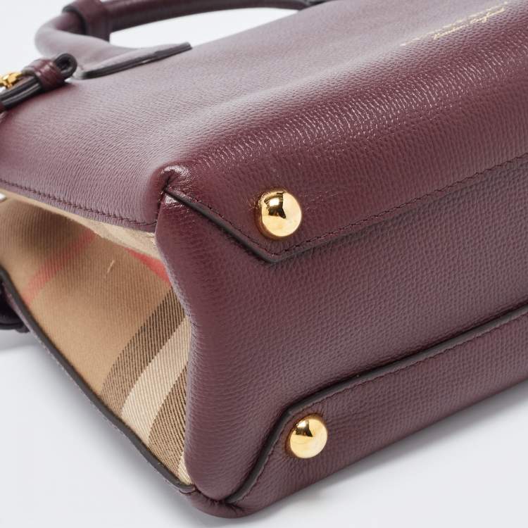 Pre Owned Burberry Burgundy/Beige Leather and House Check Fabric Small Banner Tote