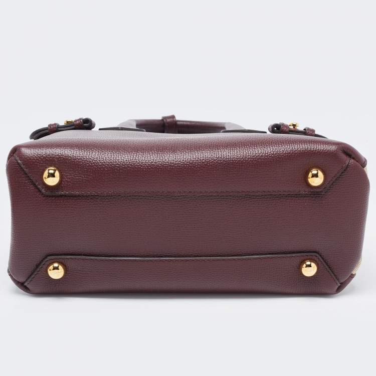Pre Owned Burberry Burgundy/Beige Leather and House Check Fabric Small Banner Tote