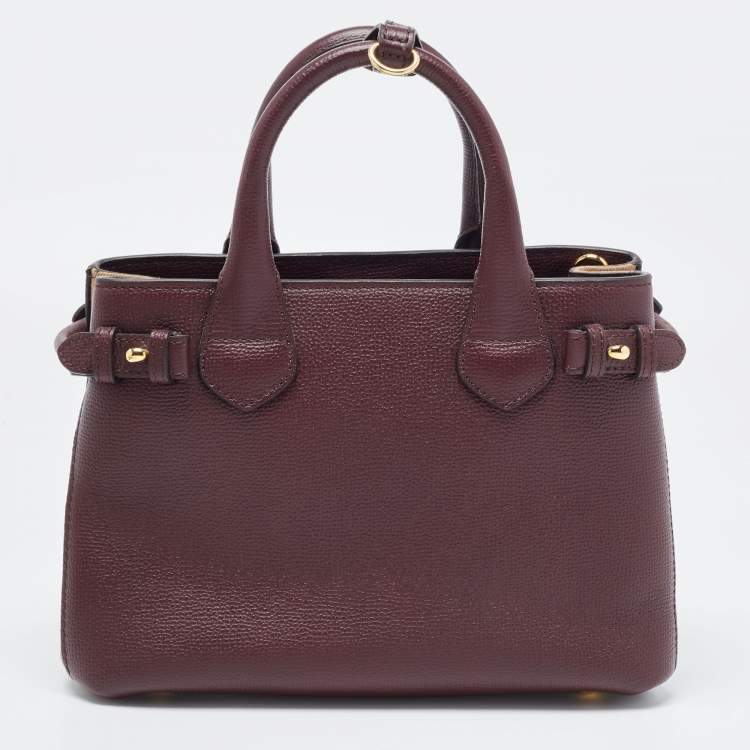Pre Owned Burberry Burgundy/Beige Leather and House Check Fabric Small Banner Tote