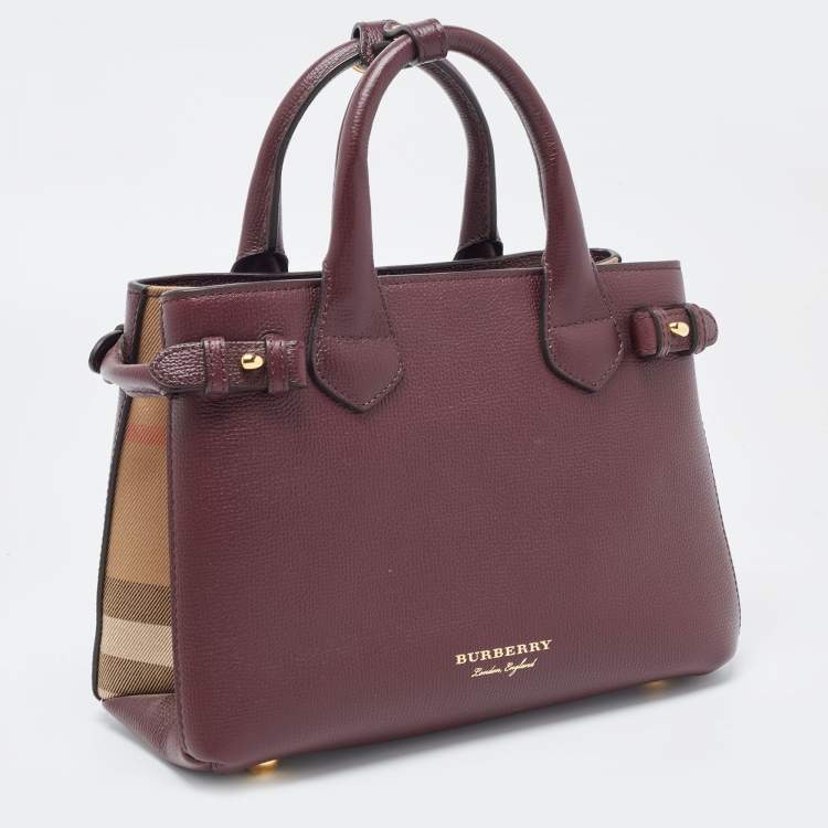 Pre Owned Burberry Burgundy/Beige Leather and House Check Fabric Small Banner Tote