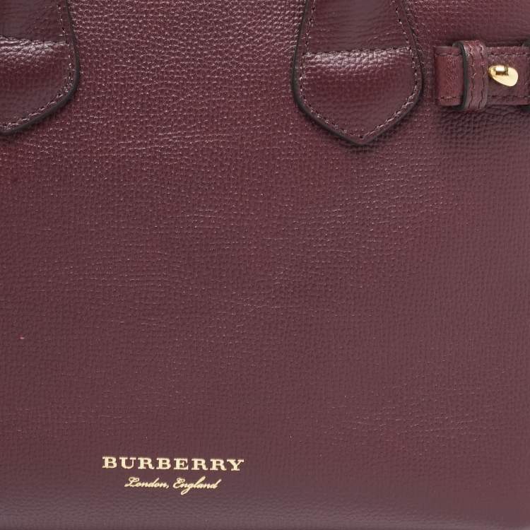 Pre Owned Burberry Burgundy/Beige Leather and House Check Fabric Small Banner Tote
