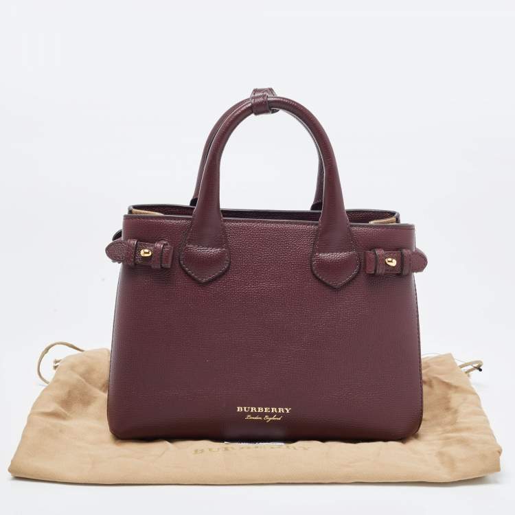Pre Owned Burberry Burgundy/Beige Leather and House Check Fabric Small Banner Tote