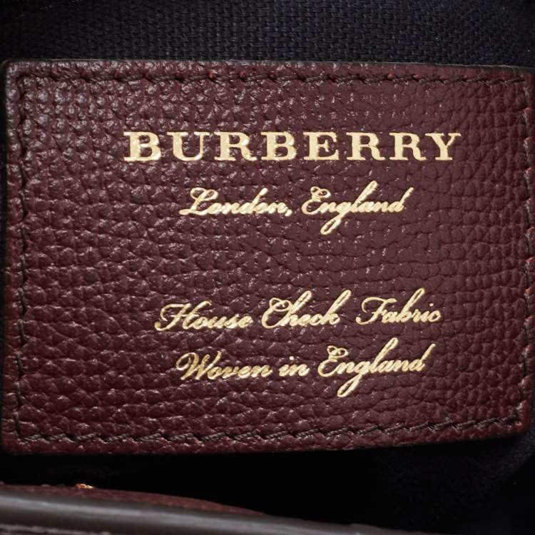 Pre Owned Burberry Burgundy/Beige Leather and House Check Fabric Small Banner Tote