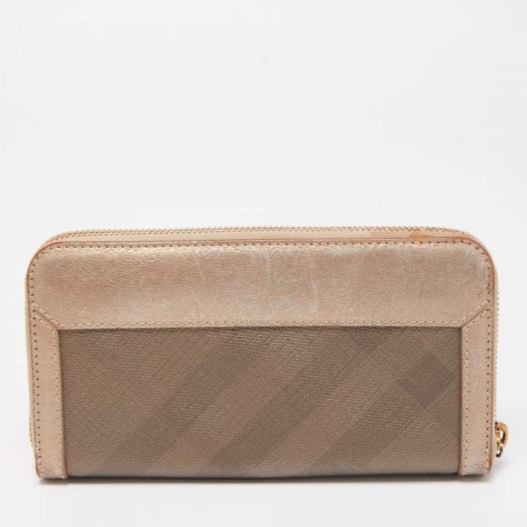 Pre Owned Burberry Metallic Beige Nova Check Coated Canvas Zip Around Wallet