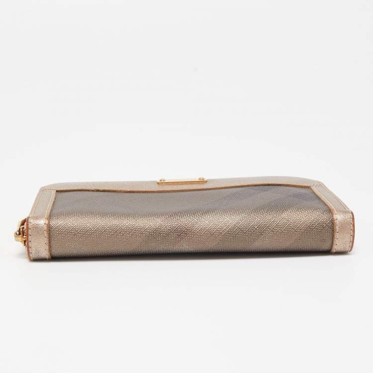 Pre Owned Burberry Metallic Beige Nova Check Coated Canvas Zip Around Wallet