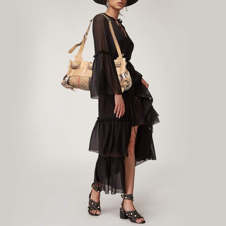 Pre Owned Burberry Beige House Check Fabric and Leather Shoulder Bag