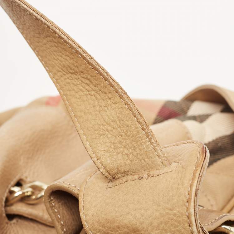 Pre Owned Burberry Beige House Check Fabric and Leather Shoulder Bag