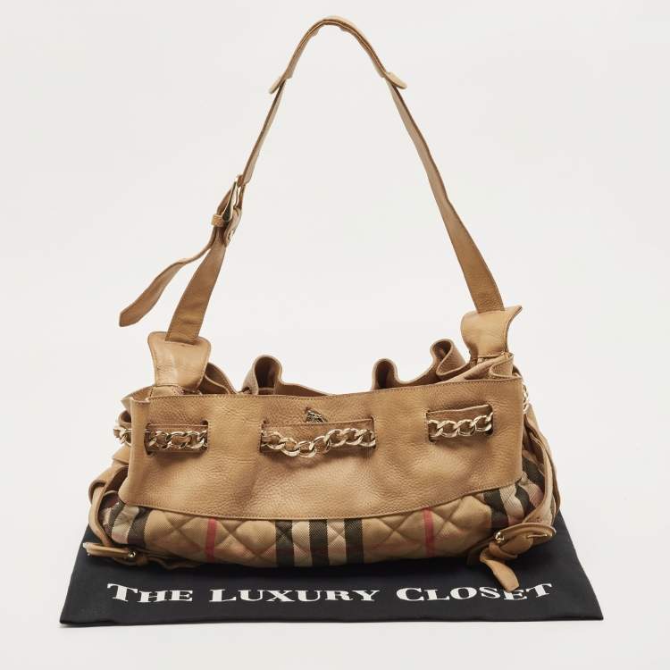 Pre Owned Burberry Beige House Check Fabric and Leather Shoulder Bag