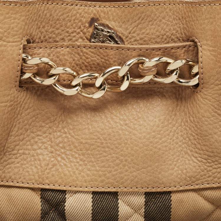 Pre Owned Burberry Beige House Check Fabric and Leather Shoulder Bag
