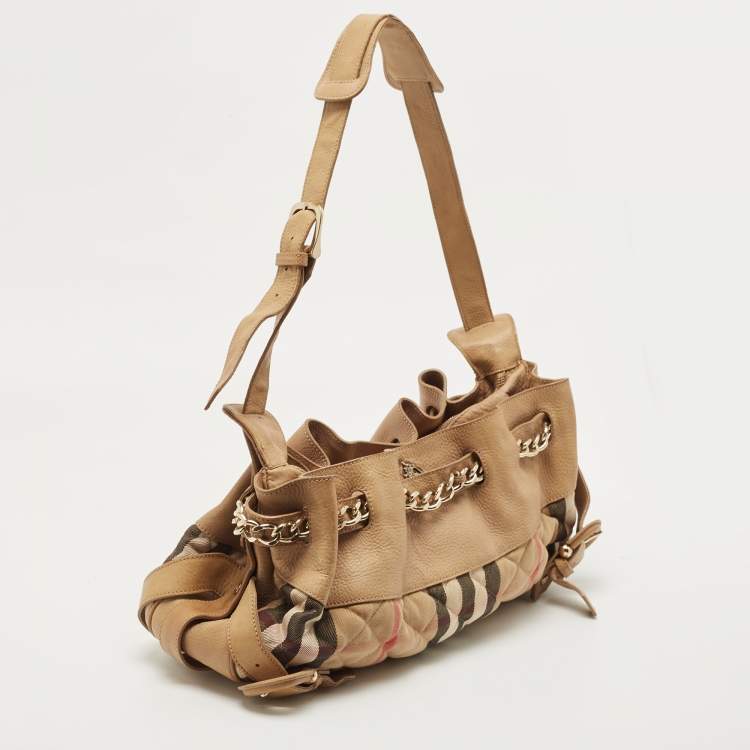 Pre Owned Burberry Beige House Check Fabric and Leather Shoulder Bag