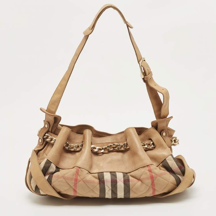 Pre Owned Burberry Beige House Check Fabric and Leather Shoulder Bag