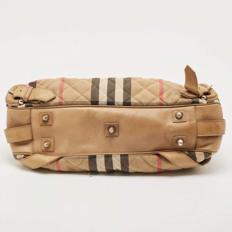 Pre Owned Burberry Beige House Check Fabric and Leather Shoulder Bag