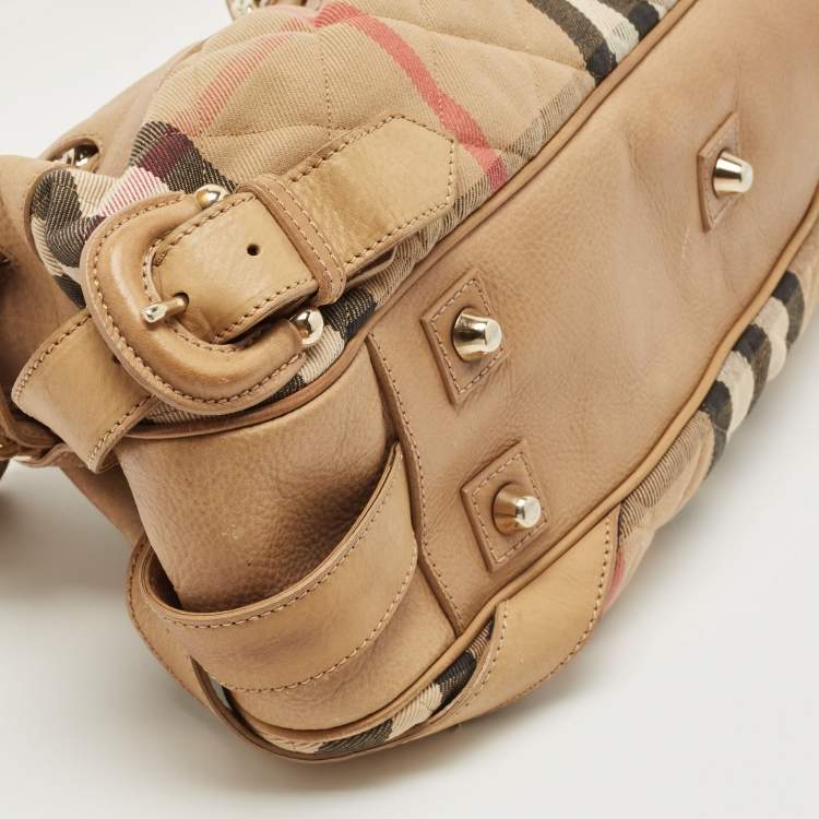 Pre Owned Burberry Beige House Check Fabric and Leather Shoulder Bag