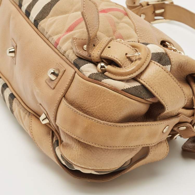 Pre Owned Burberry Beige House Check Fabric and Leather Shoulder Bag