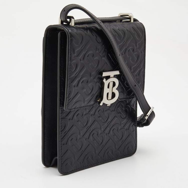 Pre Owned Burberry Black Monogram Embossed Leather Robin Crossbody Bag