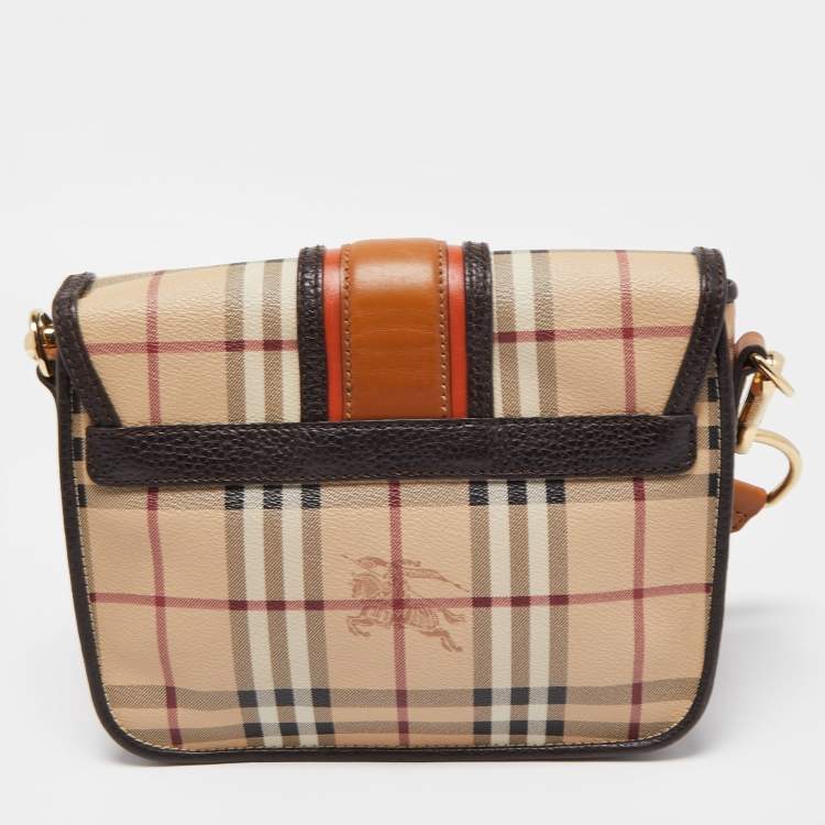 Pre Owned Burberry Beige/Brown Haymarket Check Coated Canvas and Leather Buckle Flap Crossbody Bag