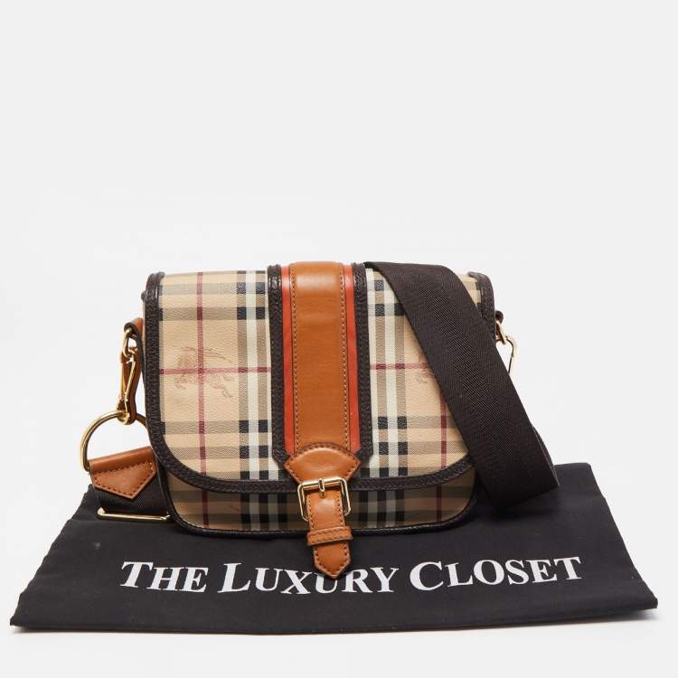 Pre Owned Burberry Beige/Brown Haymarket Check Coated Canvas and Leather Buckle Flap Crossbody Bag