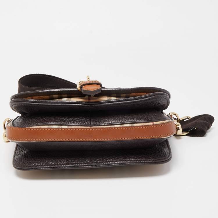 Pre Owned Burberry Beige/Brown Haymarket Check Coated Canvas and Leather Buckle Flap Crossbody Bag