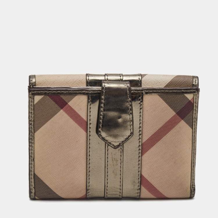 Pre Owned Burberry Metallic/Beige Nova Check PVC and Patent Leather French Wallet