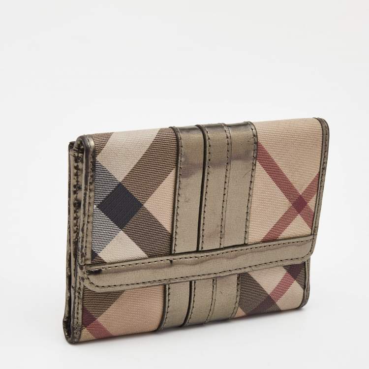 Pre Owned Burberry Metallic/Beige Nova Check PVC and Patent Leather French Wallet